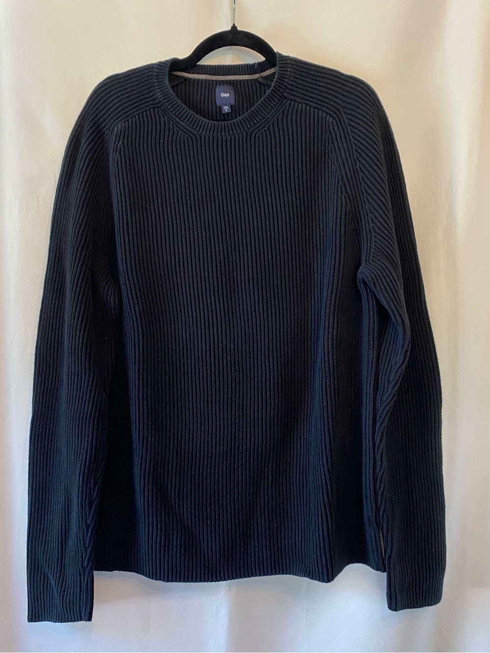 Gap Mens Classic Black 100% Cotton Thick Knit Ribbed Crewneck Sweater LG Minimal
